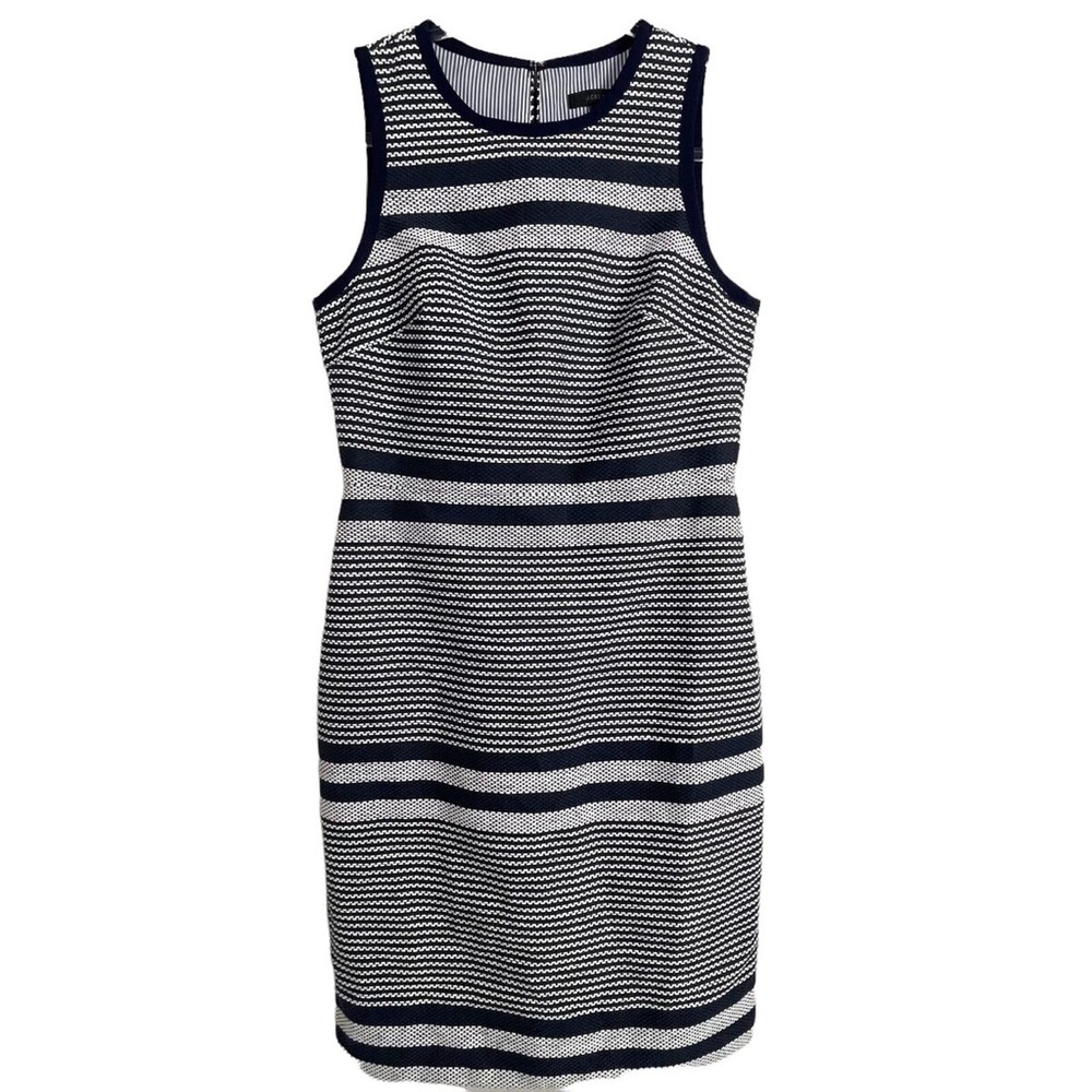 JCrew Sleeveless Sheath Dress Blue White Striped Tweed Blue Trim Dress